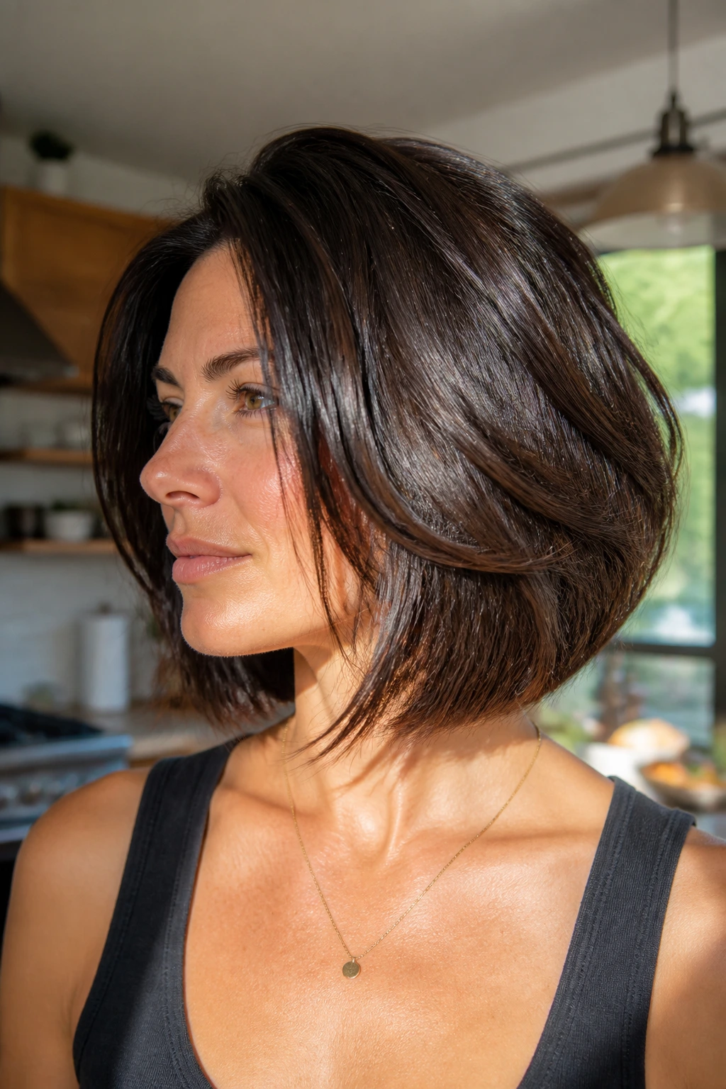 Portrait of a real woman with dense hair and micro-layers filling the frame.