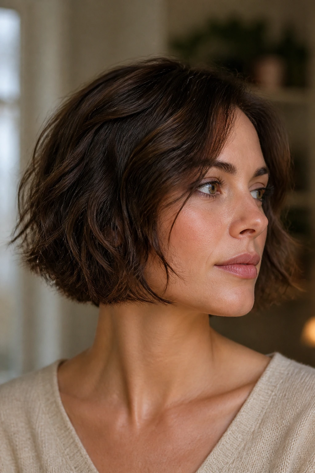 Real woman with Micro-Layered Bob for Fine Hair showing subtle layers