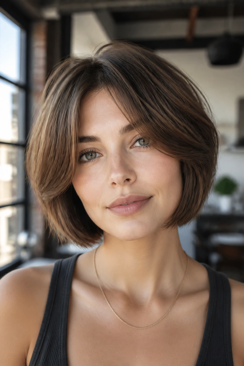 Close-up of a woman with micro-layered bob for fullness and movement