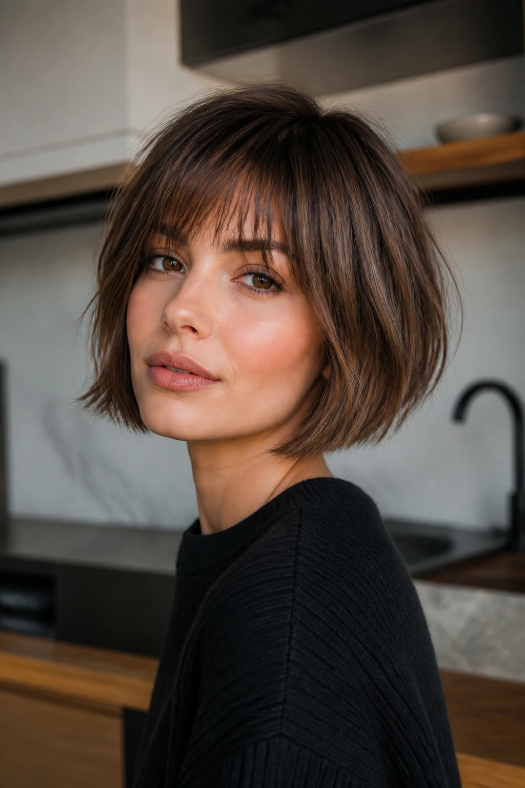 Close-up portrait of a real woman with a micro-layered bob and textured bangs in daylight