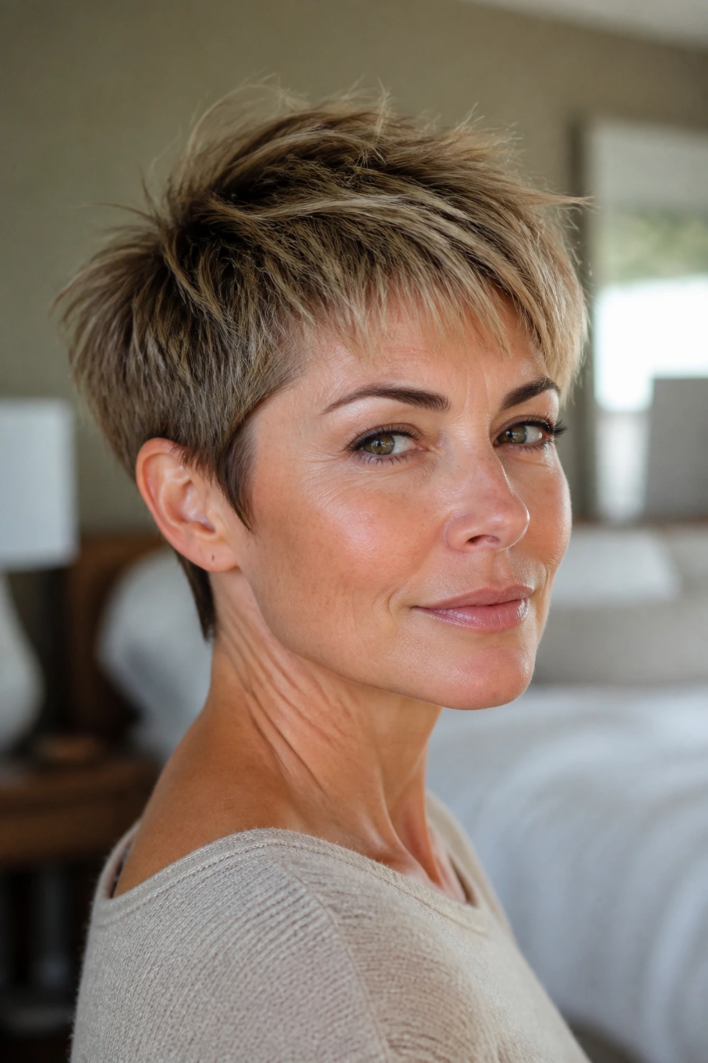 Close-up portrait of a real woman with a micro-layered crop.