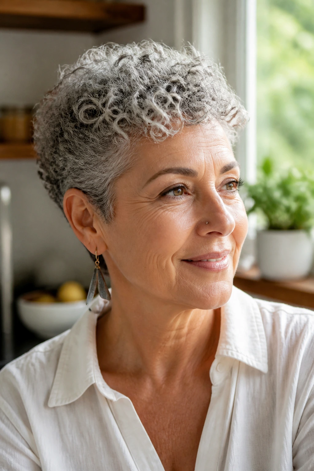 Close-up of a real woman with a micro-layered crop on curly hair