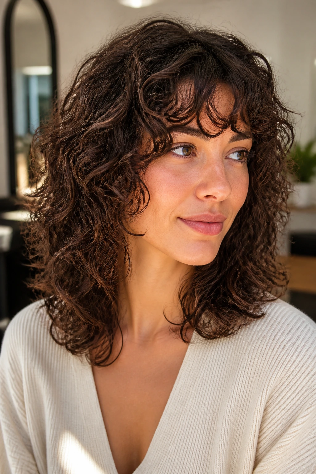 Close-up of a real woman with micro-layered curls in natural light
