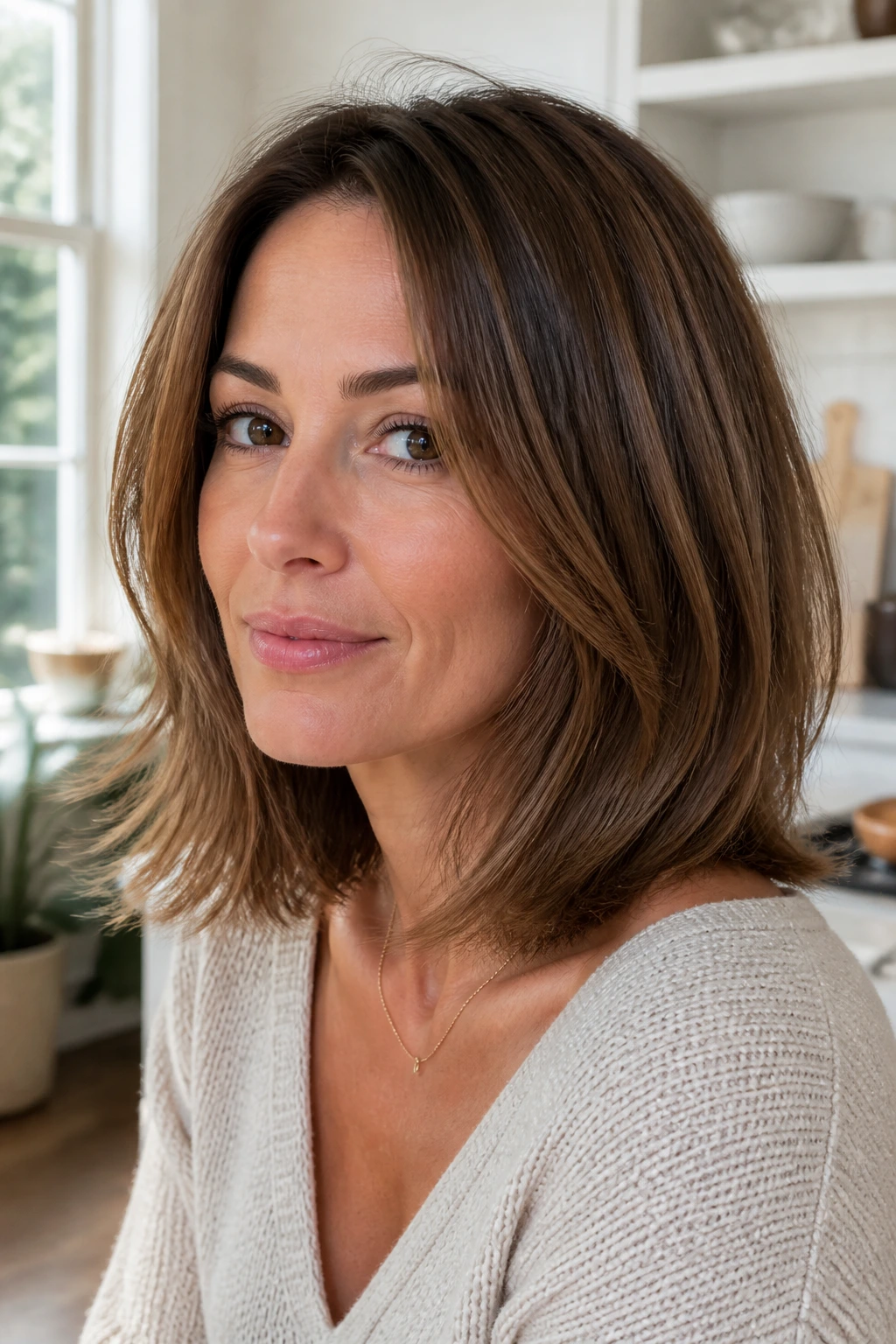 Close-up of real woman with micro-layered hemline lob and fuller ends