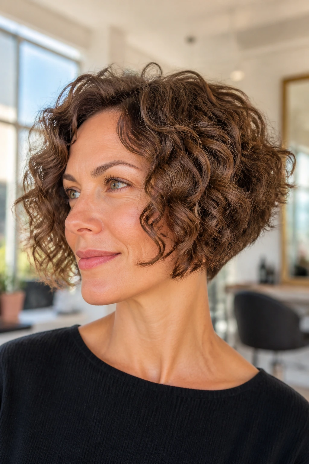 Close-up of a real woman with a micro-layered inverted bob and fine curls