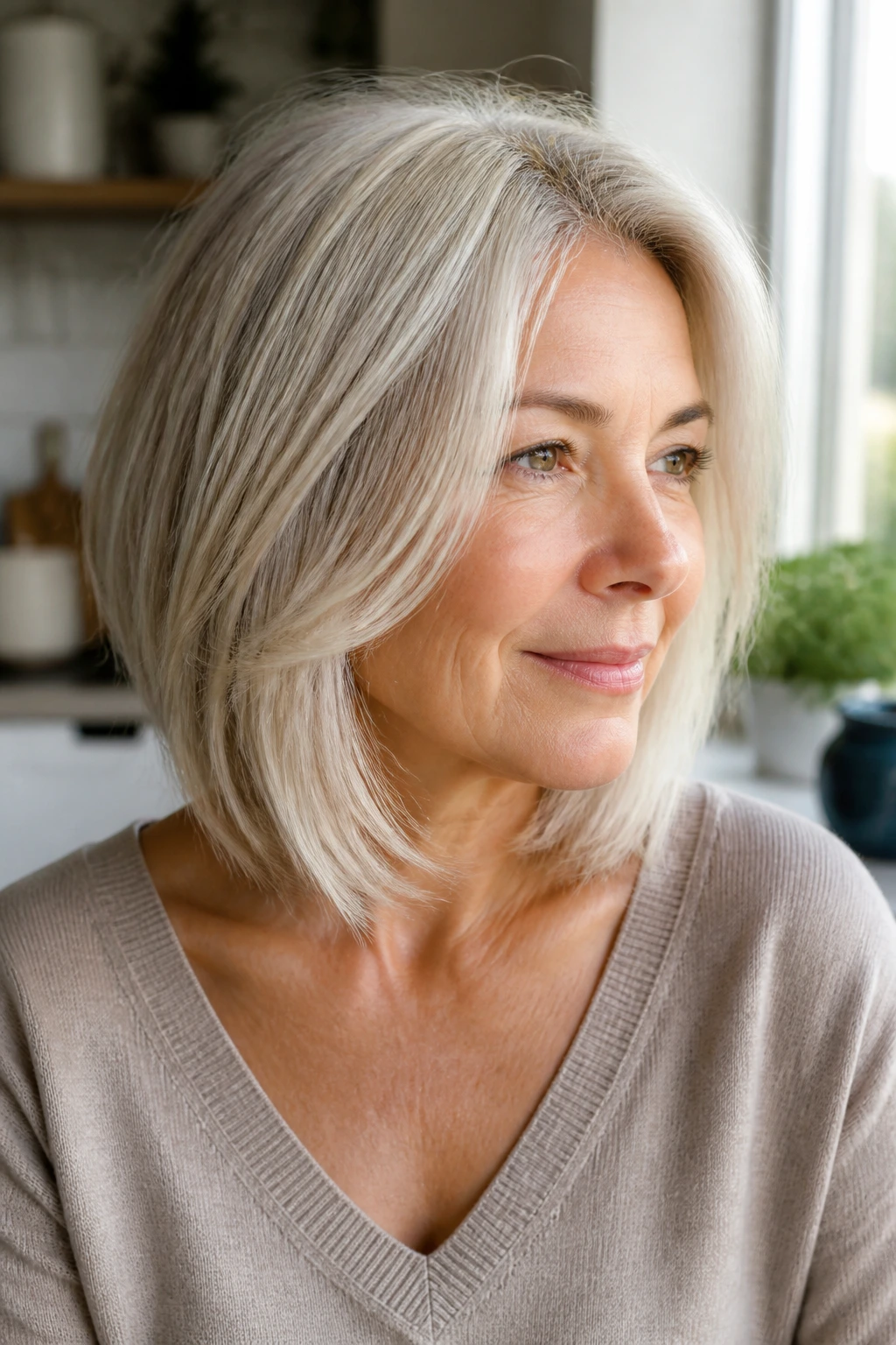 Portrait of a real person with a micro-layered lob and babylights.