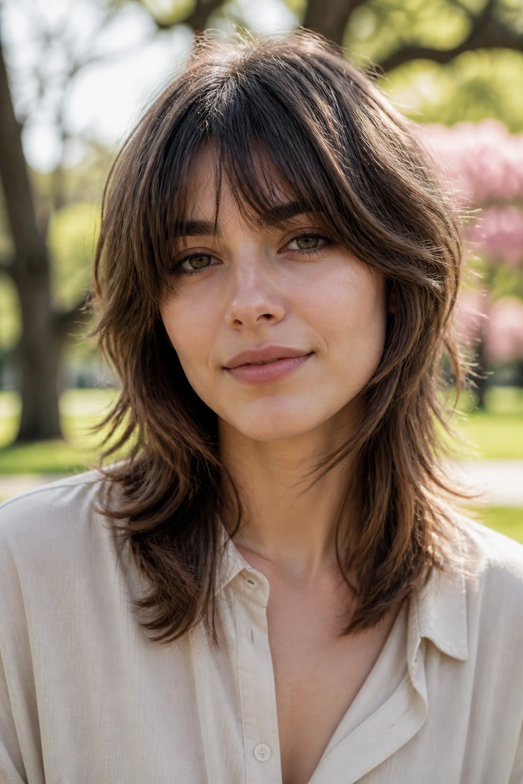 Close-up portrait of a real woman with micro-layered midi shag and jaw-framing layers.