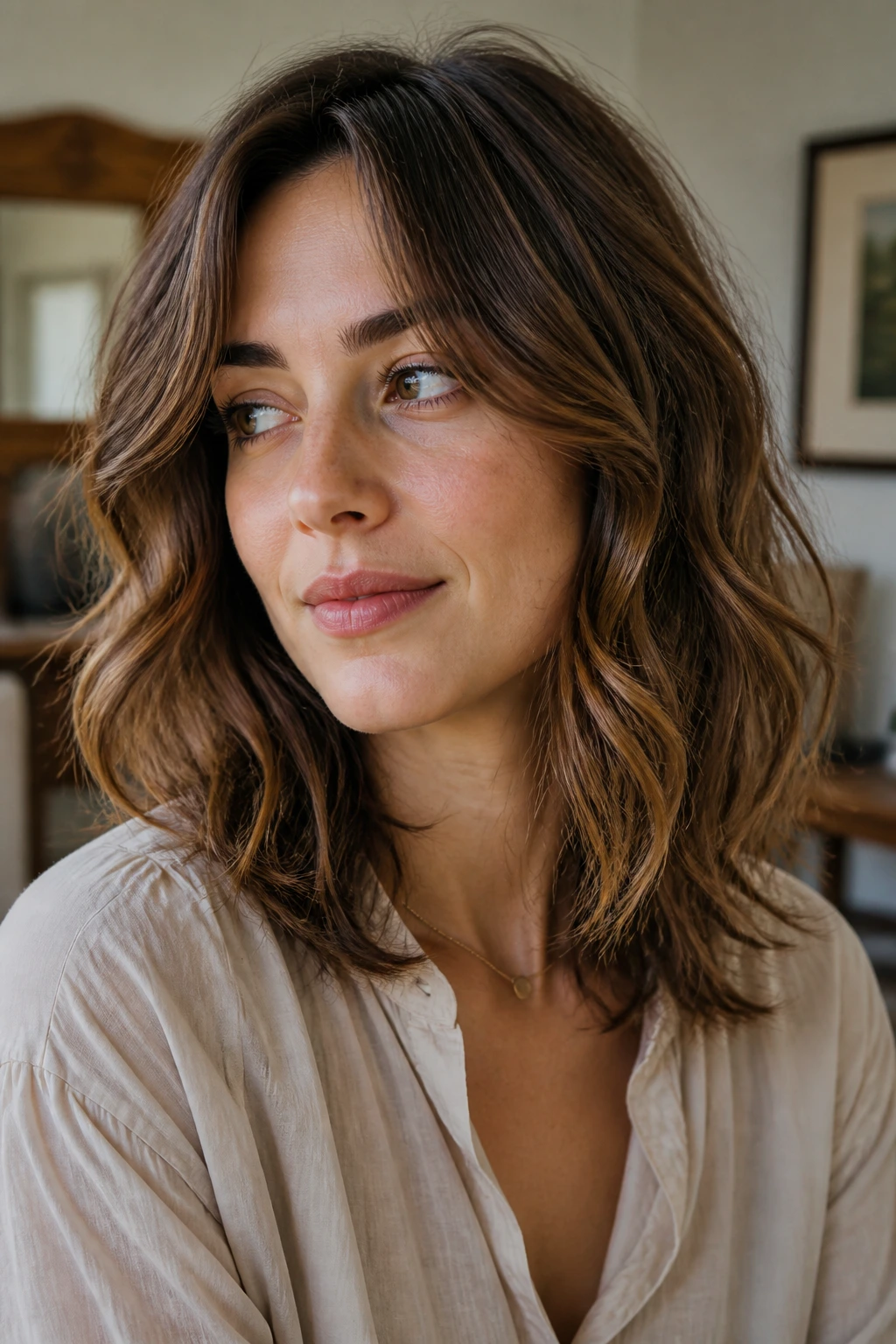 Real woman's midlength hair with micro-layers and soft waves.