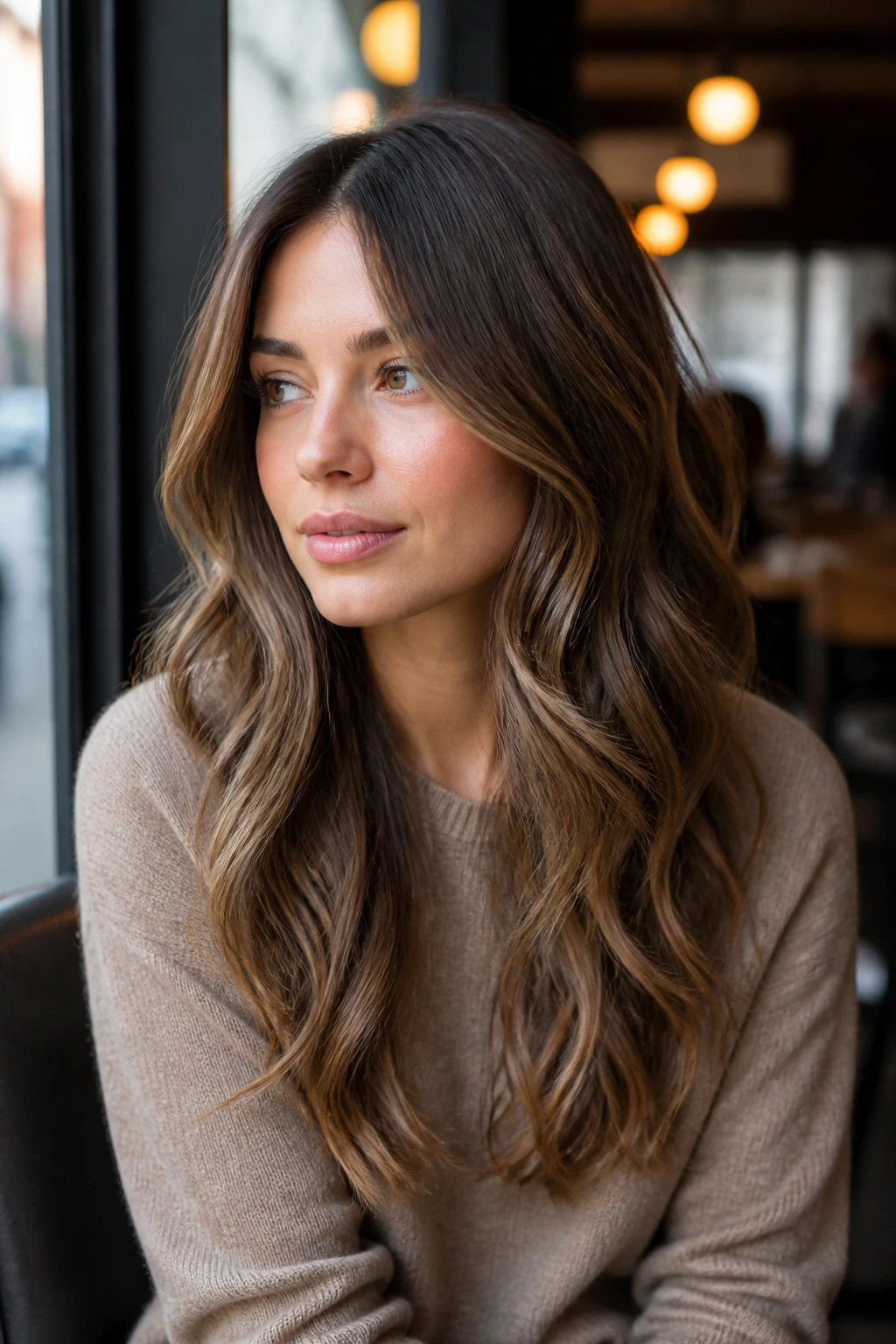 Close-up of a real woman with micro-layered length and barely-there babylights