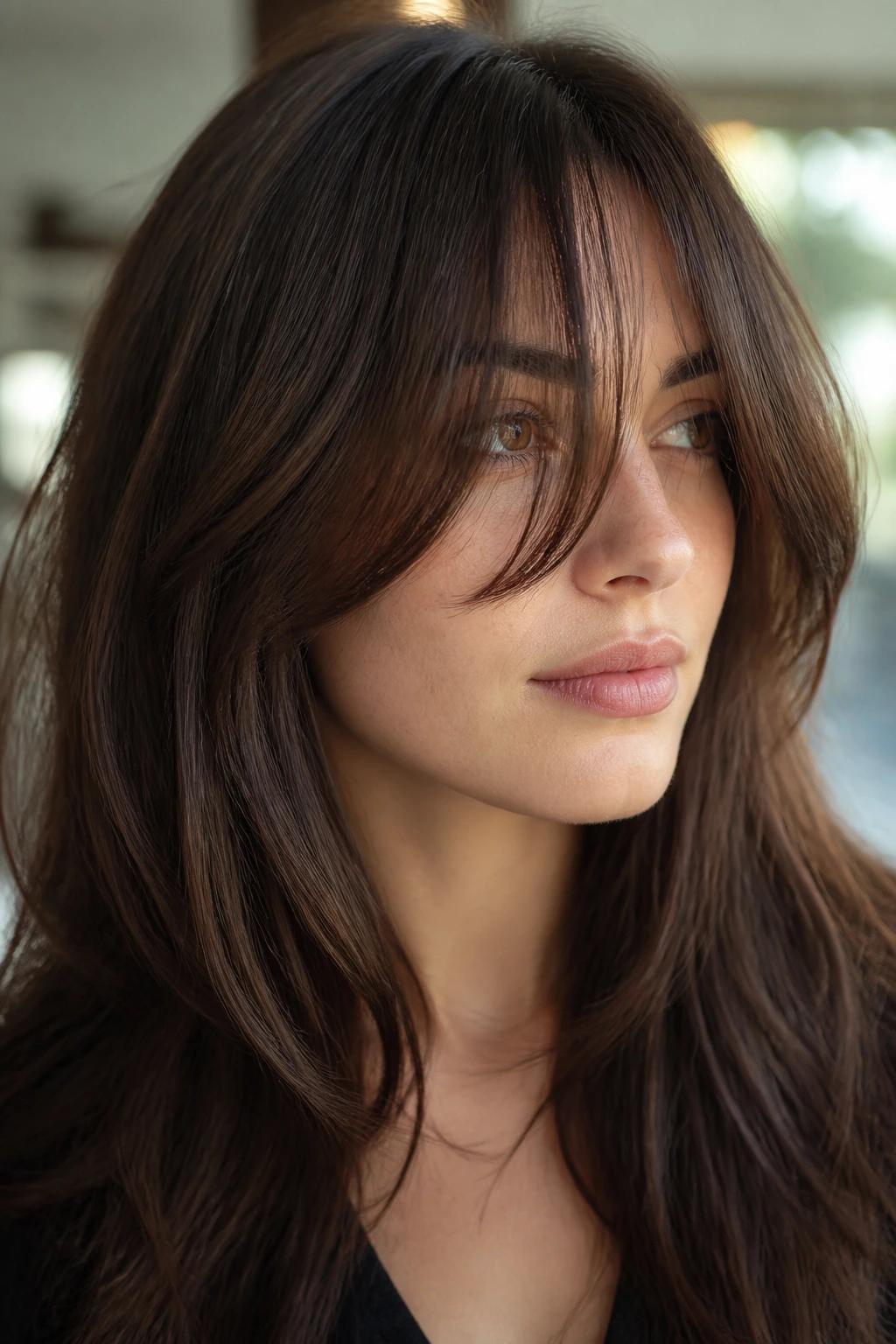 Close-up of a real woman with long, micro-layered bangs on a dense fringe.