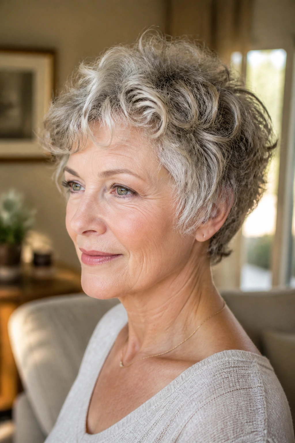 Older woman with a micro-layered soft curly-wavy crop.