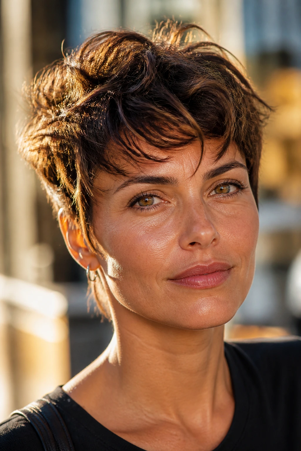 Portrait of a woman with tousled long pixie and micro layers in golden hour light