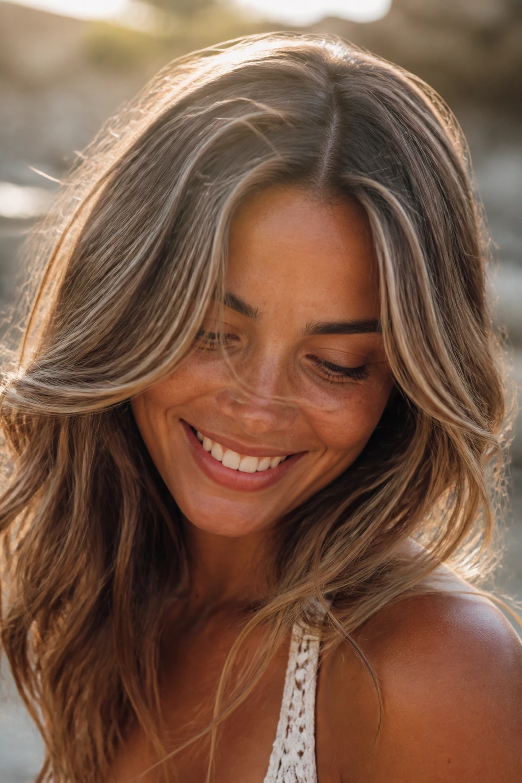 Real woman with micro-light highlights forming a sunlit halo on tan skin.
