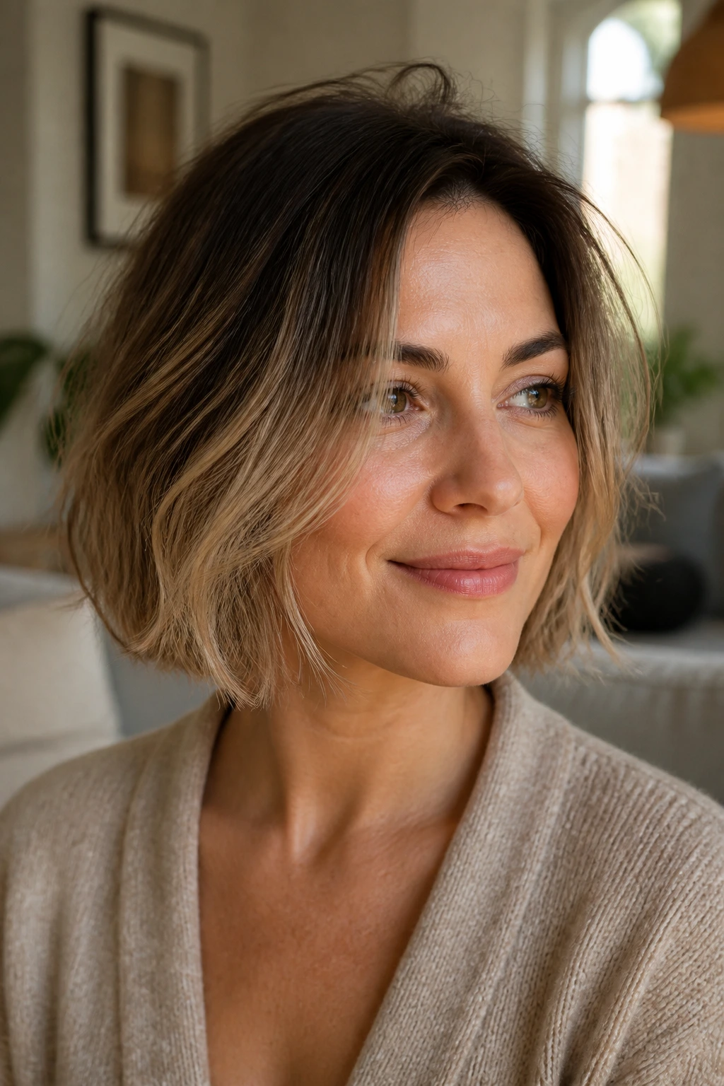 Close-up portrait of Micro Lob with Airy Texture on a real woman with jaw-length cut and airy ends