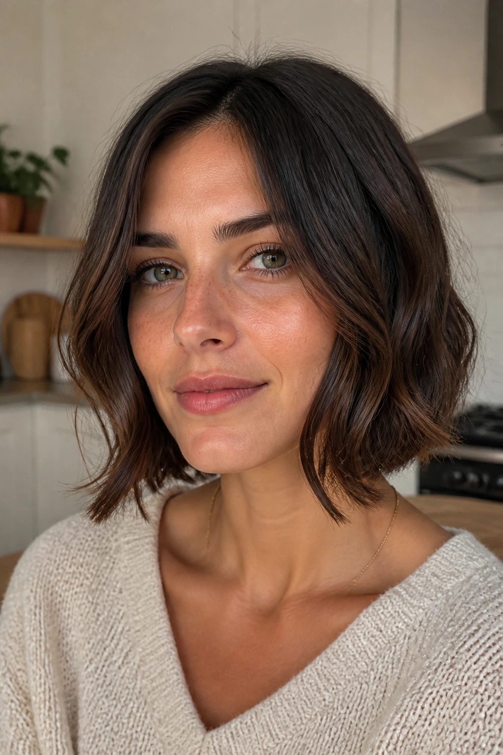 Real person with micro lob and loose bend in morning kitchen light