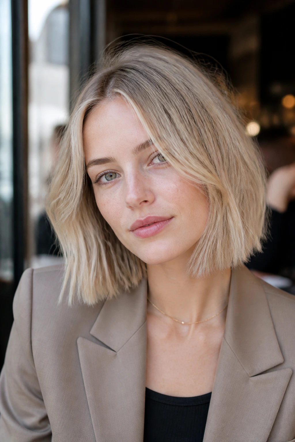 Close-up of a real woman with a Copenhagen Wispy Micro-Lob at the collarbone in pale oat blonde.