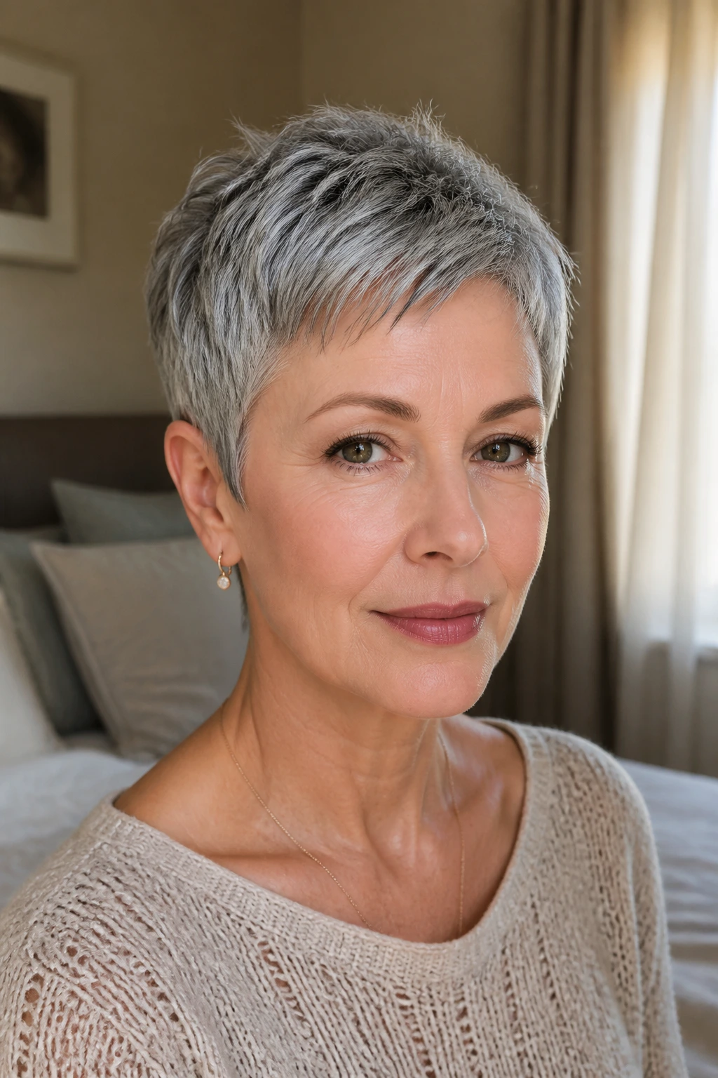 Close-up of gray-haired woman with Micro Pixie with Soft Edges.