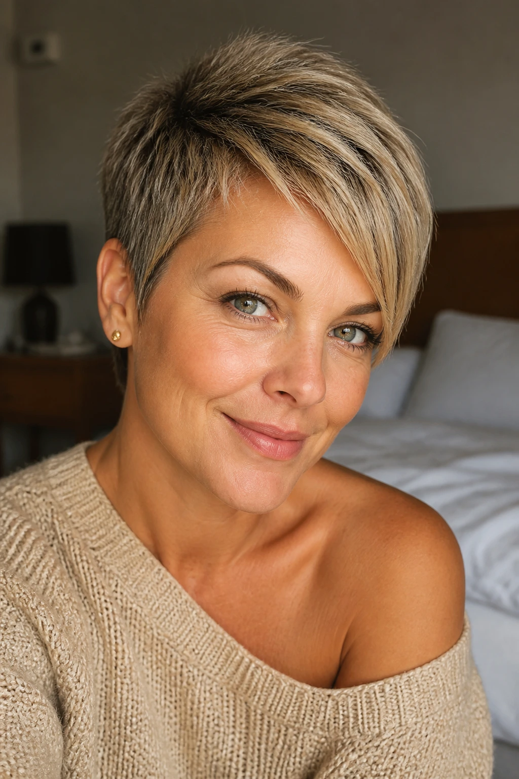 Real woman with micro pixie featuring longer front for diagonal eye-line on a round face