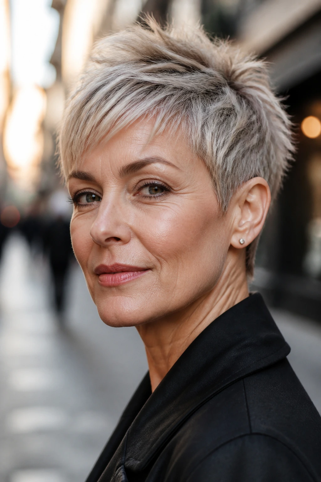 Portrait of a woman with a choppy micro pixie and wispy fringe
