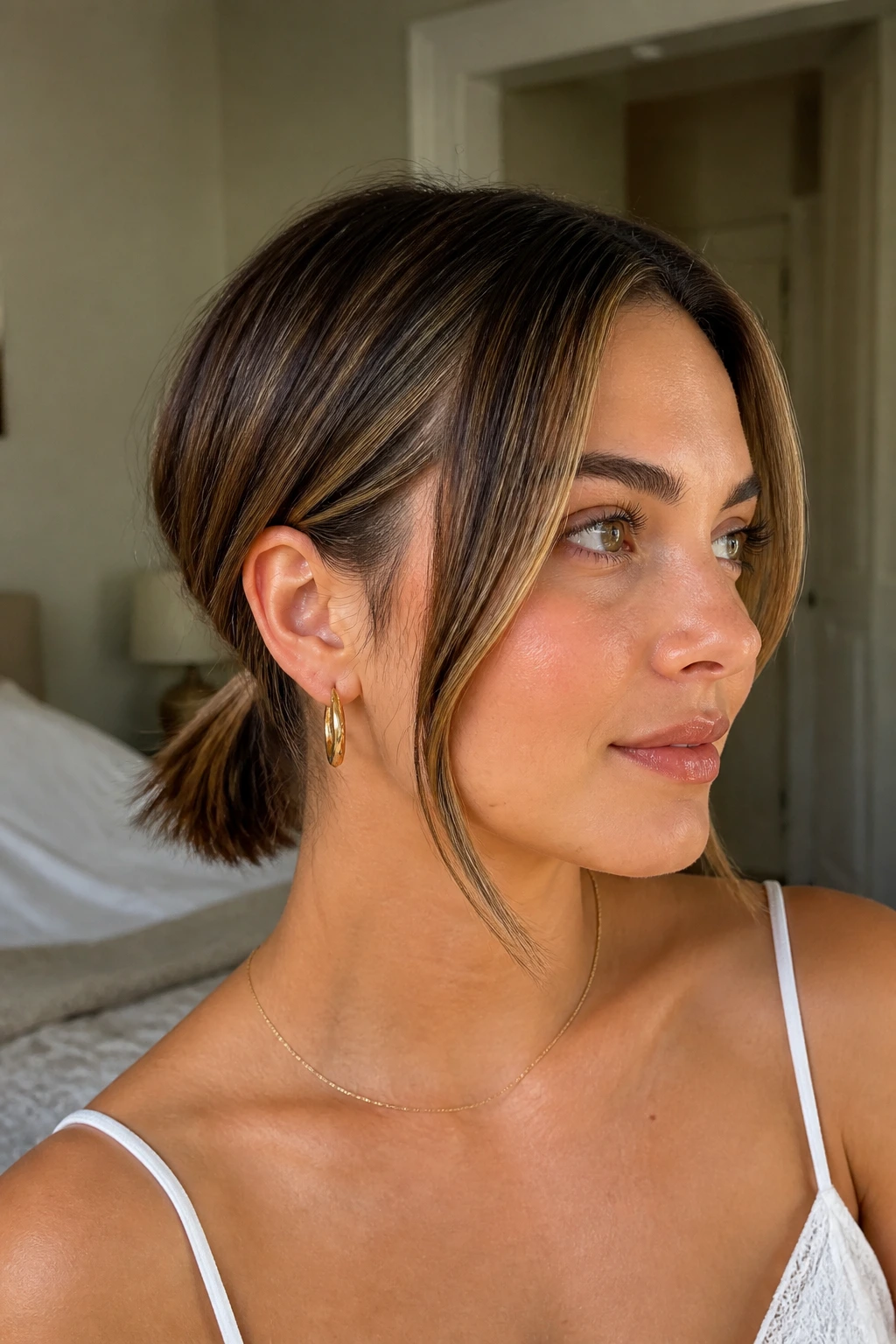 Close-up of real woman with micro ponytail and face-framing ends showing lowlights.