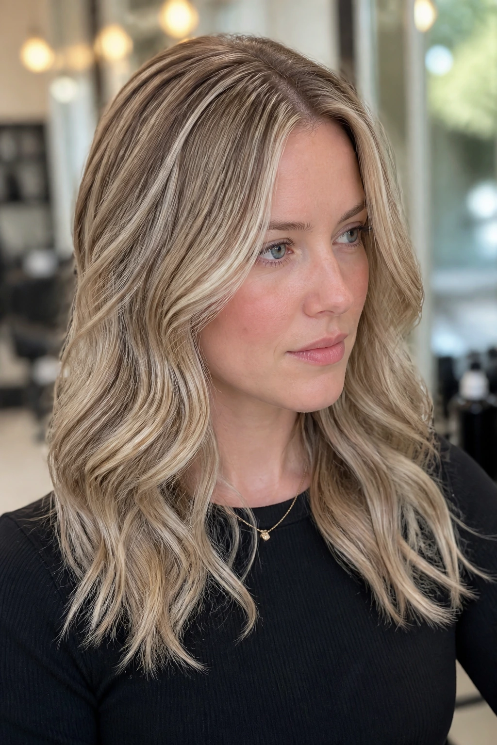 Close-up of micro ribbons woven through wavy hair