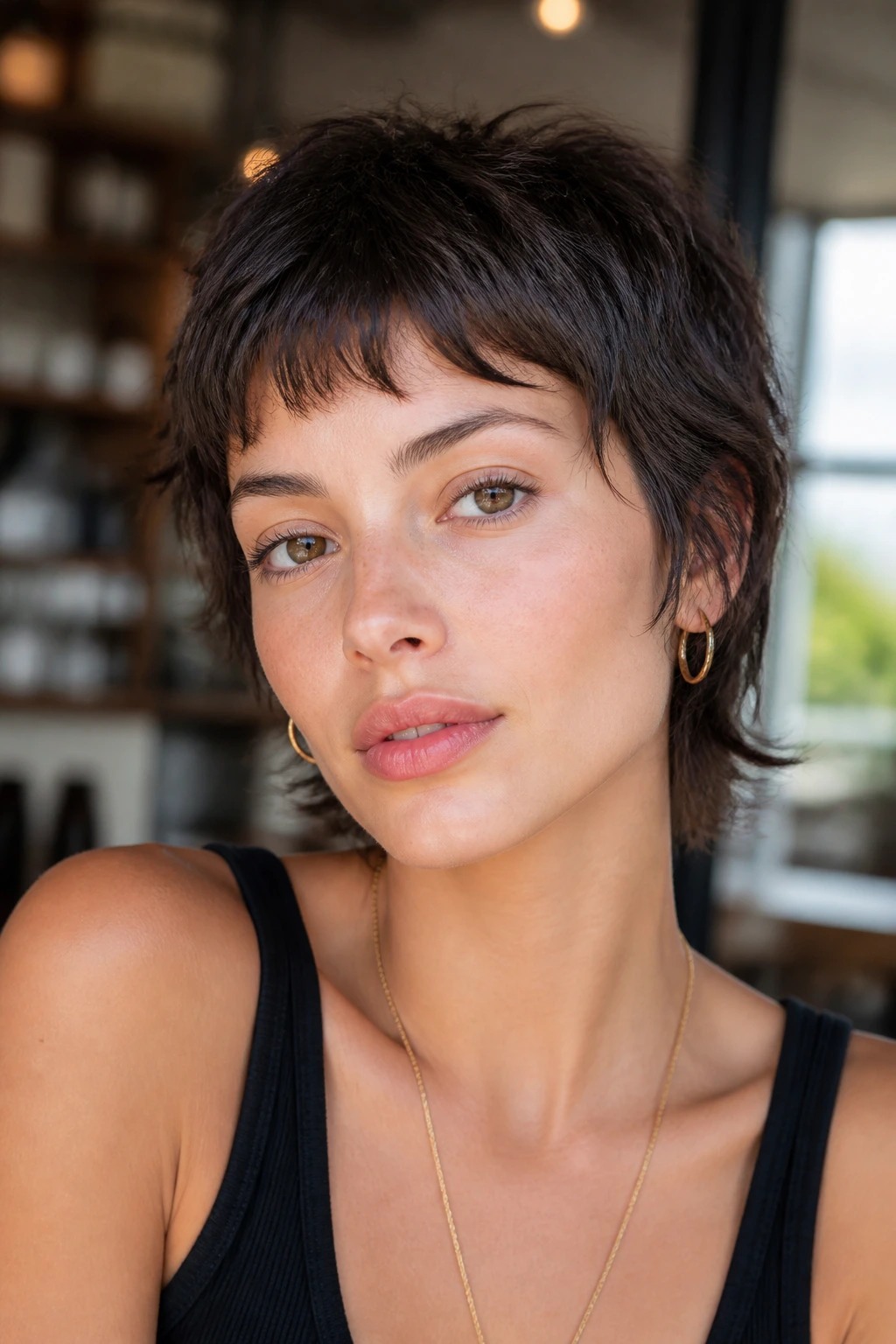 Portrait of a person with micro shag and baby bangs