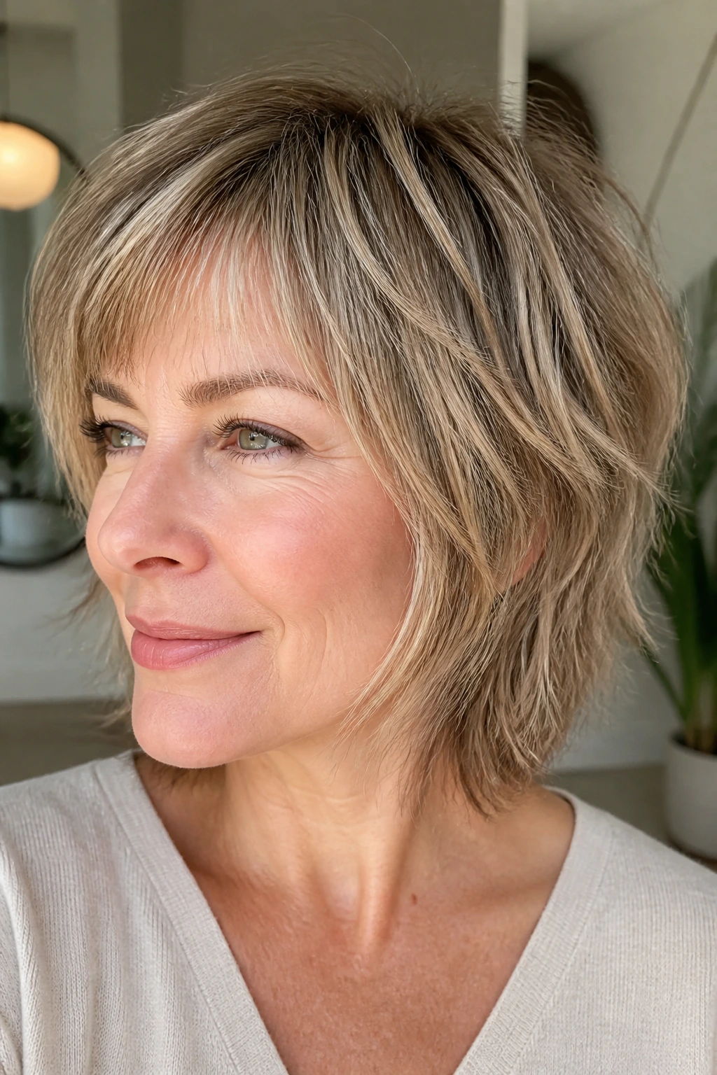 Close-up of a real woman with a micro-shag hairstyle and warm blonde babylights