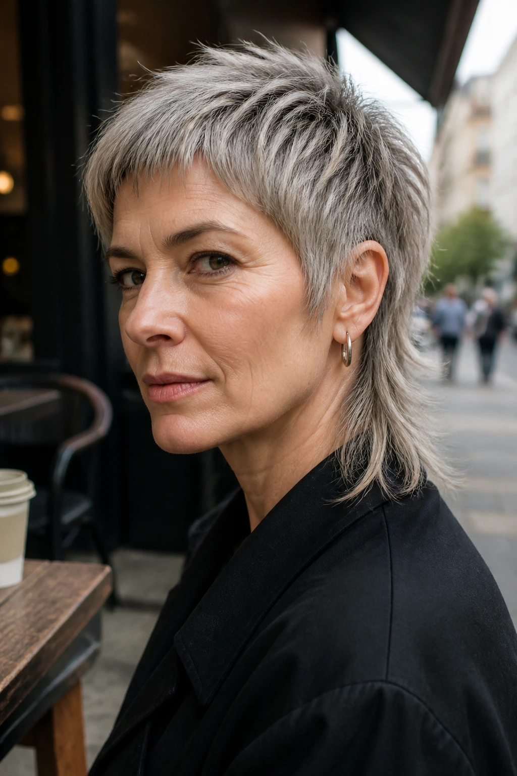 Close-up portrait of a real woman with a mullet-inspired micro shag showing edge and back tail.