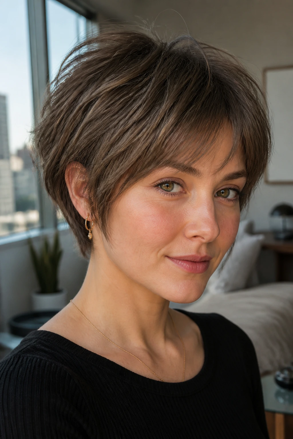 Close-up portrait of micro-shag pixie bob with temple-length fringe in natural city light