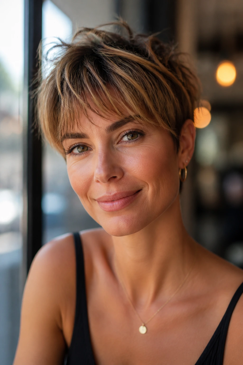 Real woman with micro shag pixie and airy fringe caramel highlights