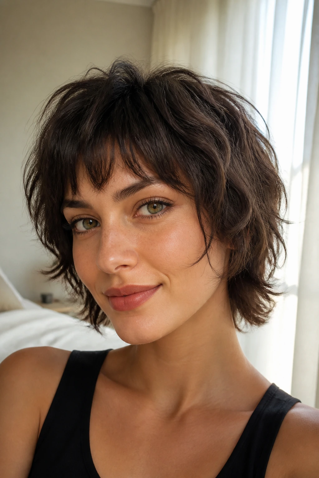 Close-up portrait of a real woman with Micro-Shag Wolfcut in sunlit bedroom