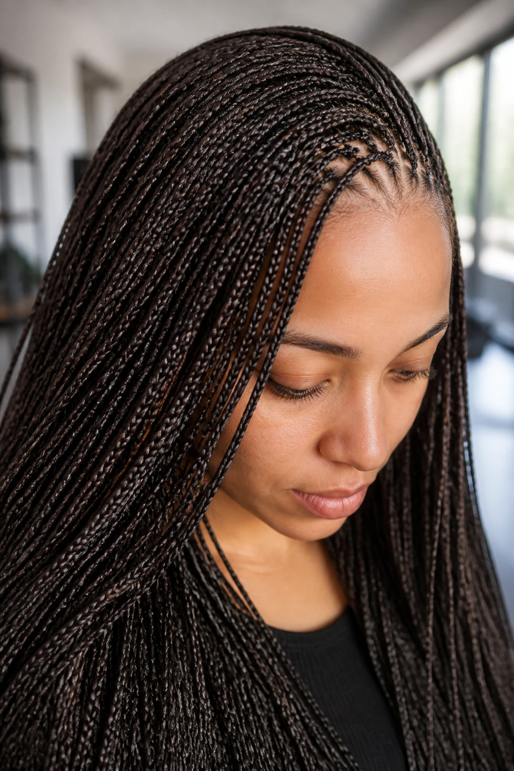 Close-up of a real woman with micro singles on dense hair