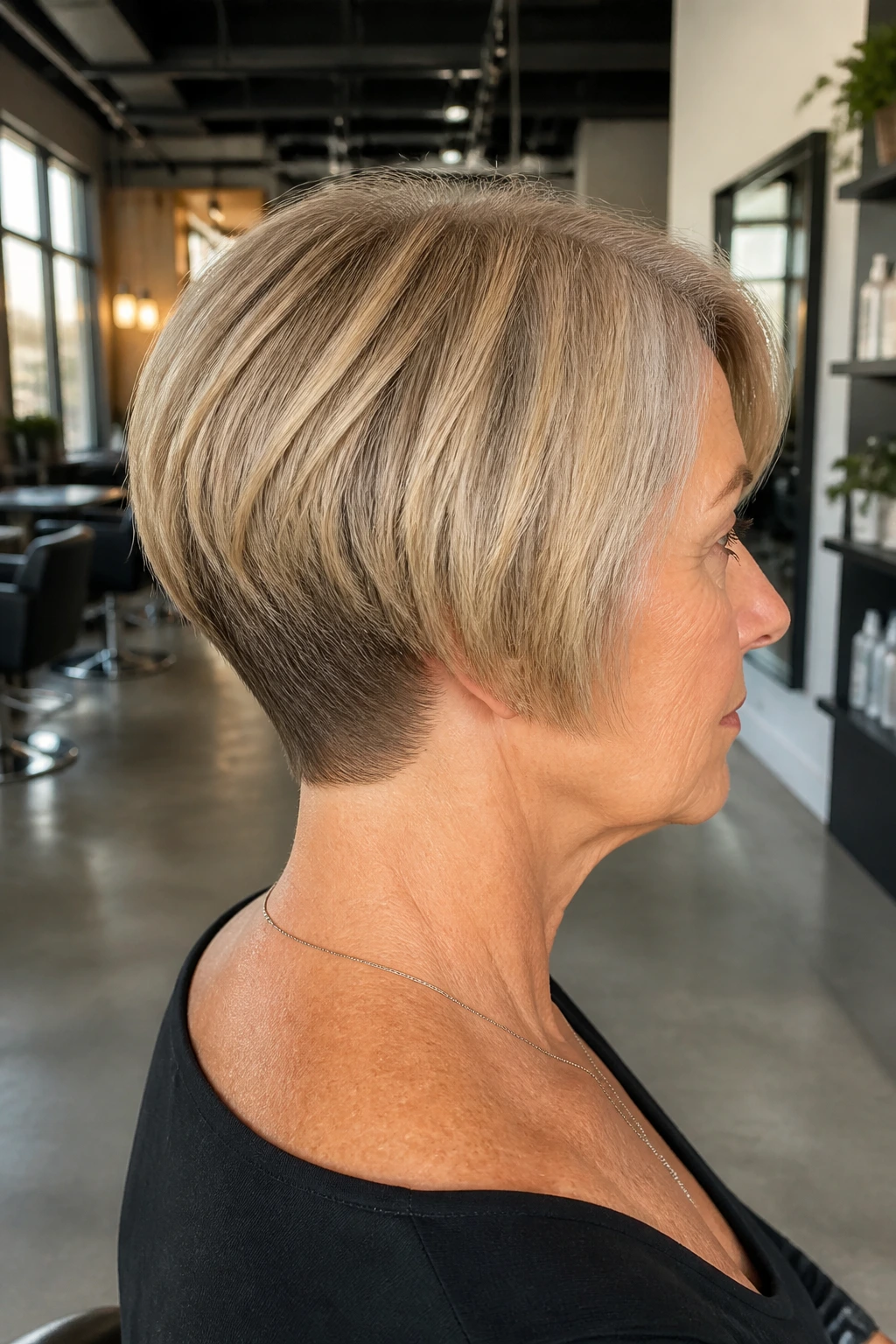 Side-profile of a real woman with micro-stacked bob and tapered nape