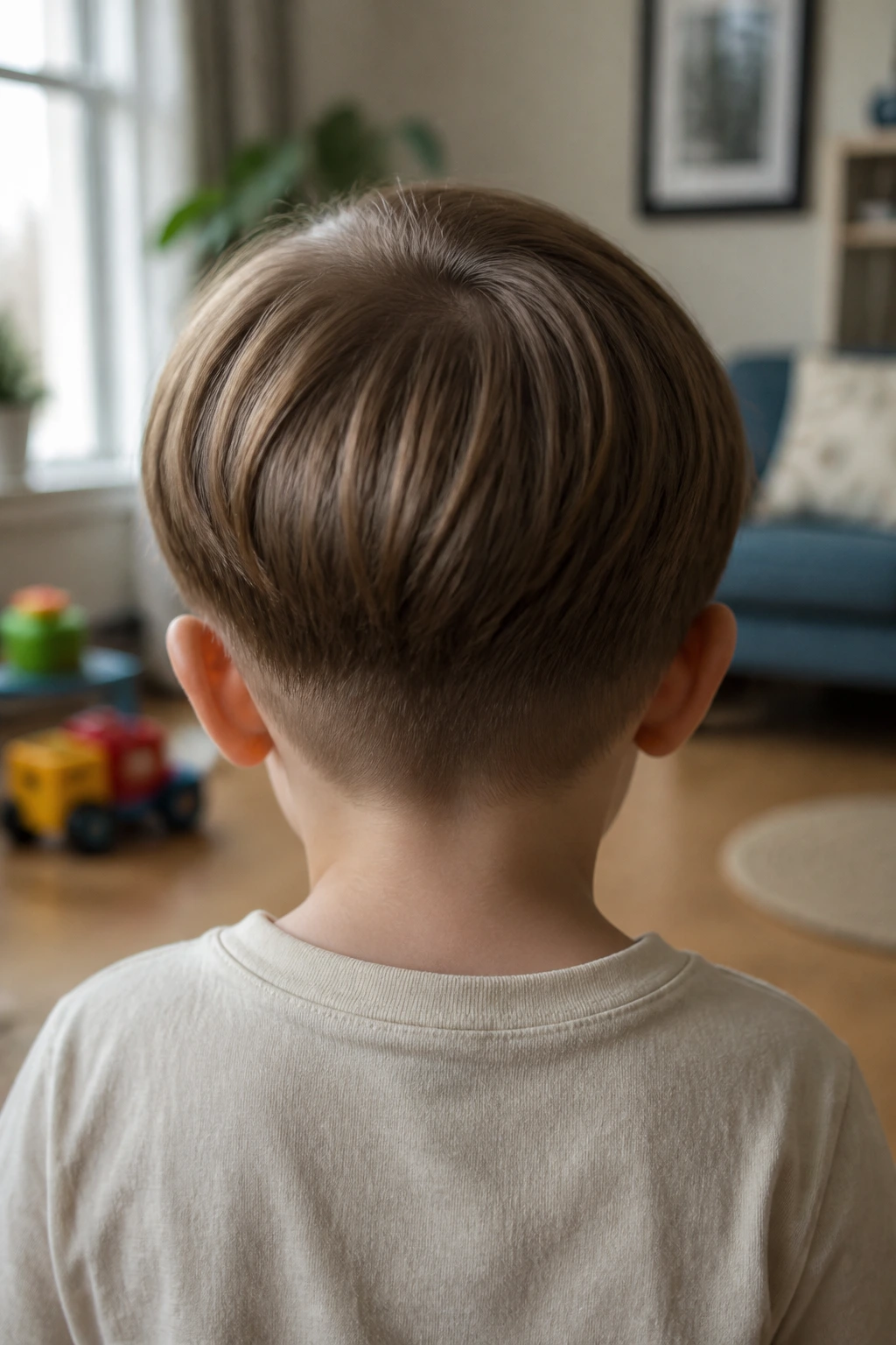Toddler boy with micro-stacked bob at crown and low nape undercut.
