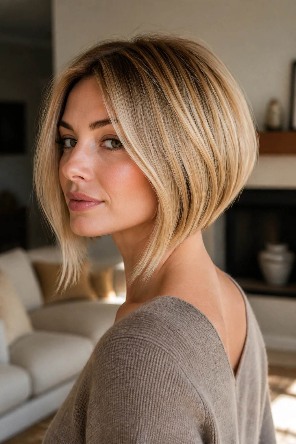 Three-quarter portrait of a real woman with a micro-stacked bob in warm daylight