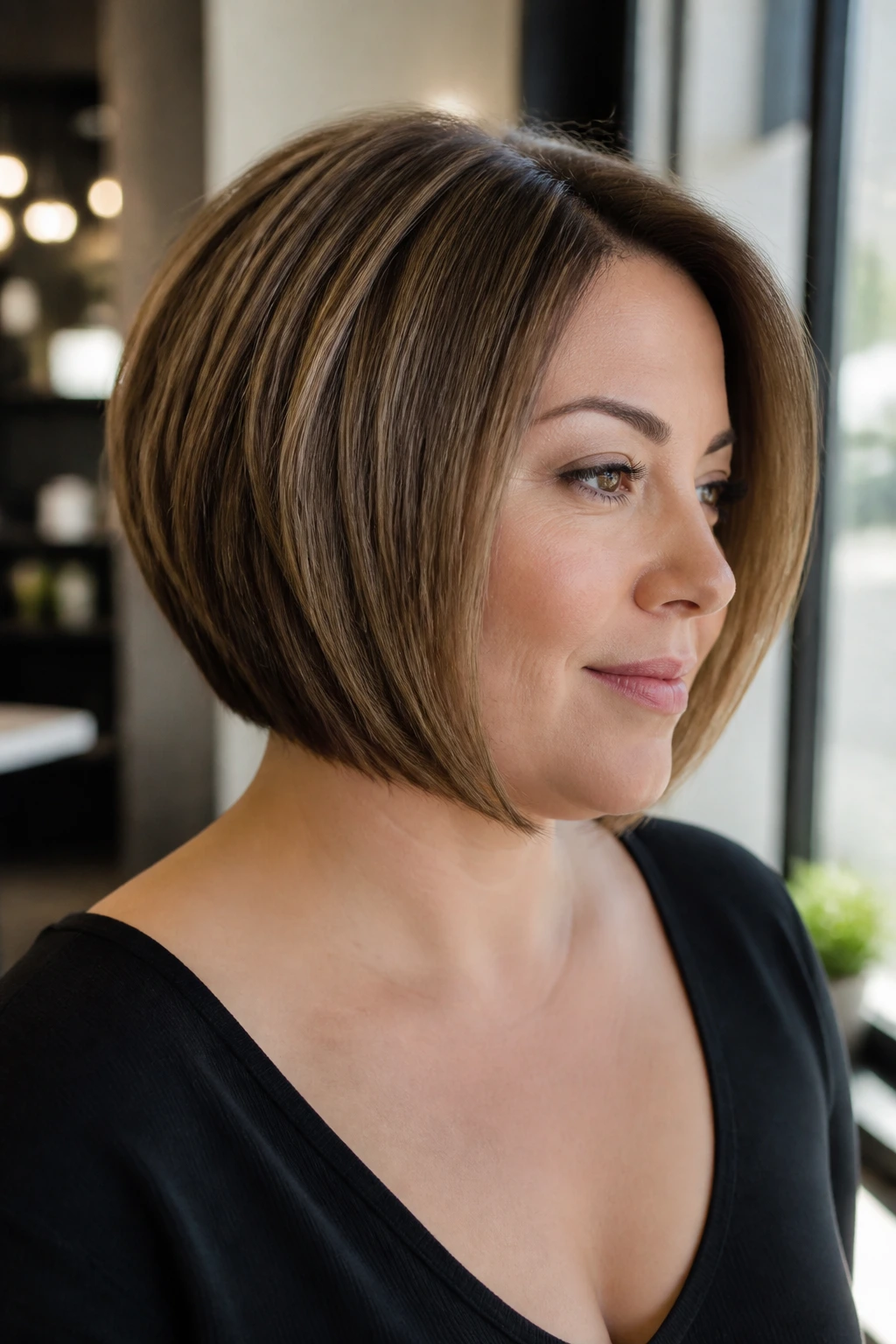 Close-up portrait of a real woman wearing a micro-stacked bob, showing nape lift and chin-grazing front pieces.