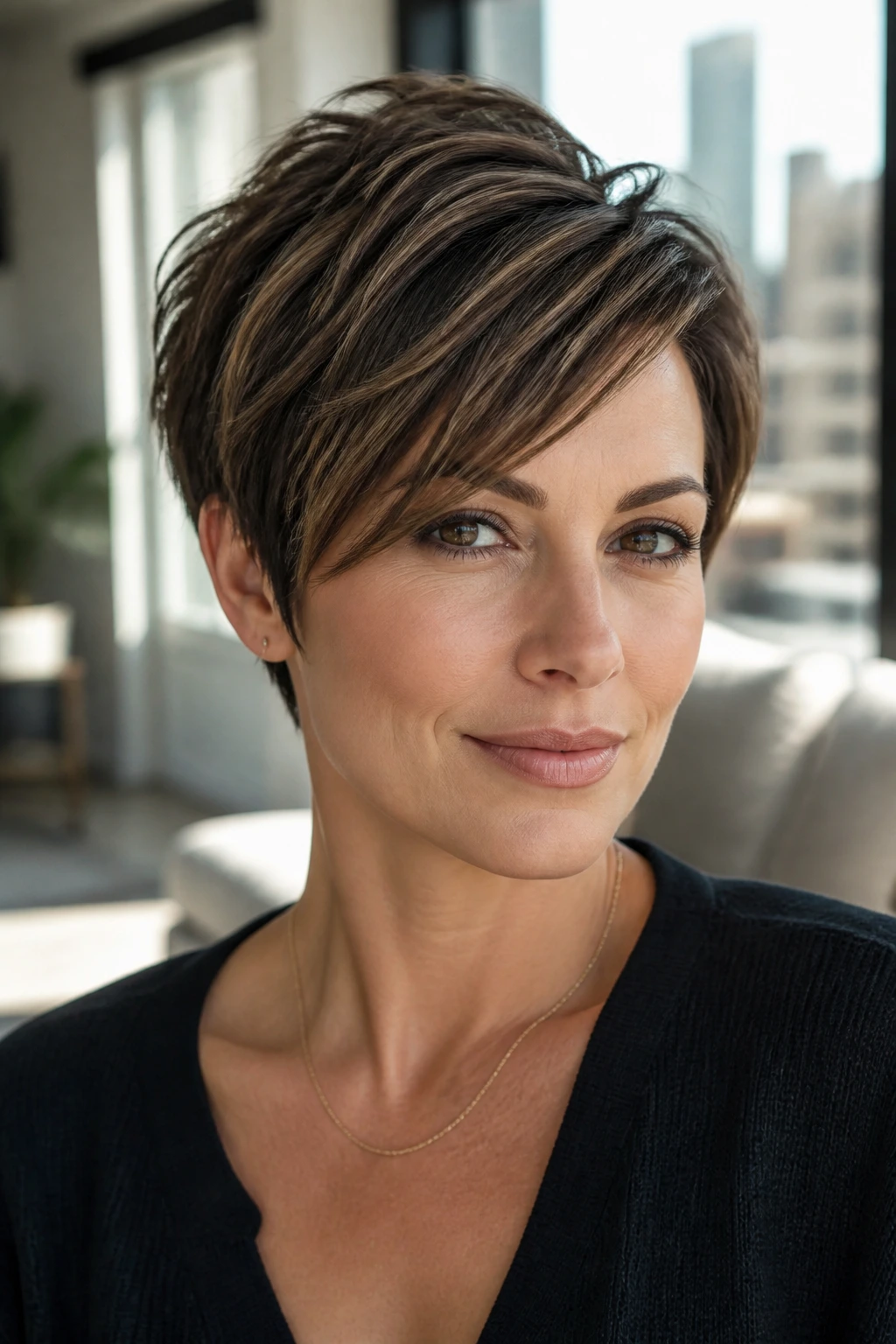 Real woman with micro-stacked pixie bob, crown height and long top.