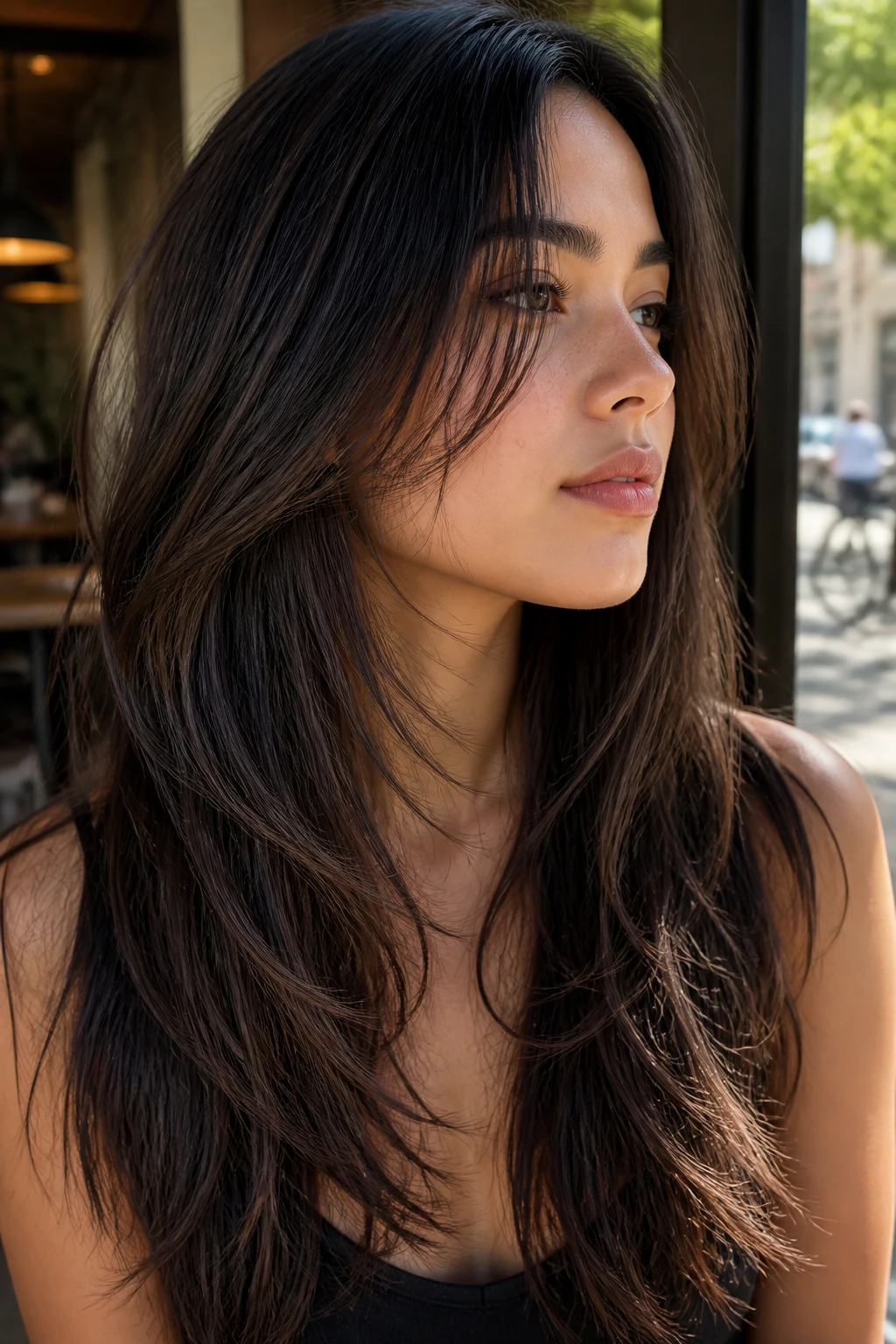 Real woman with micro-textured piecey ends on thick hair