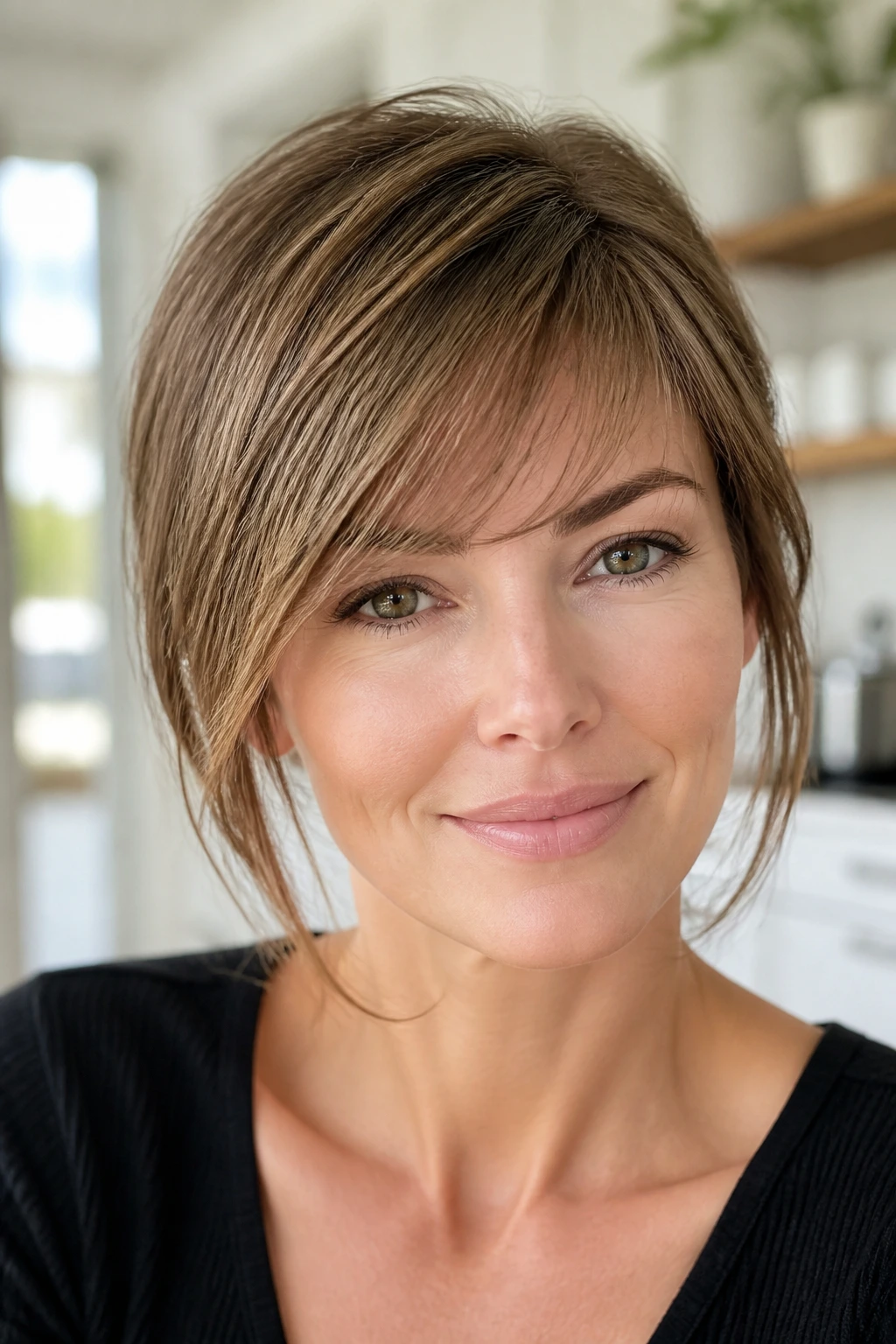 Close-up of a real woman with micro-textured swoop bangs in bright daylight