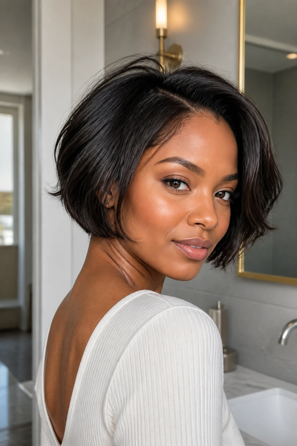 Close-up of a real woman with a short bob and micro-volume at the roots.