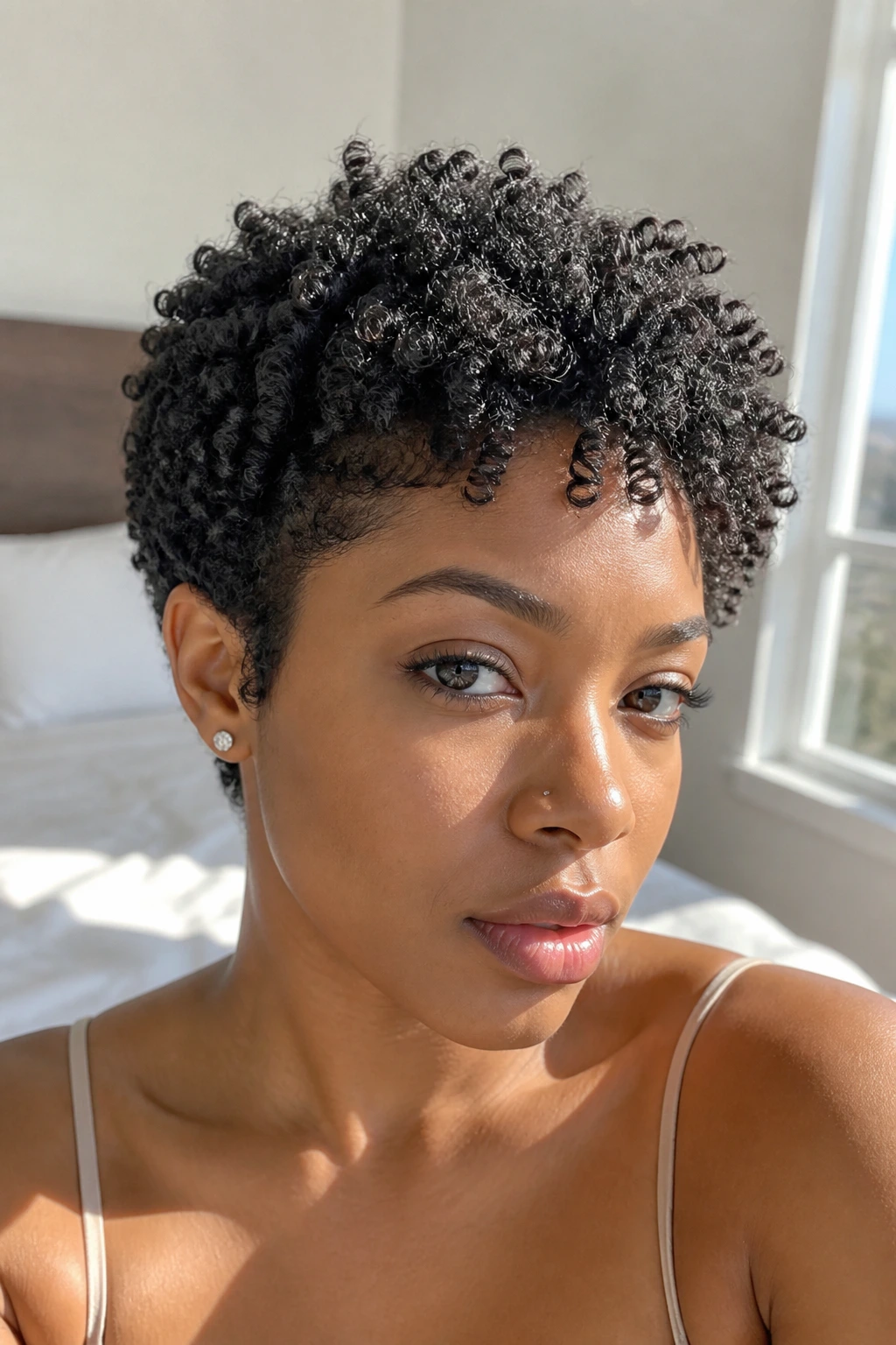 Close-up of a real woman with micro-wand curls on short natural hair