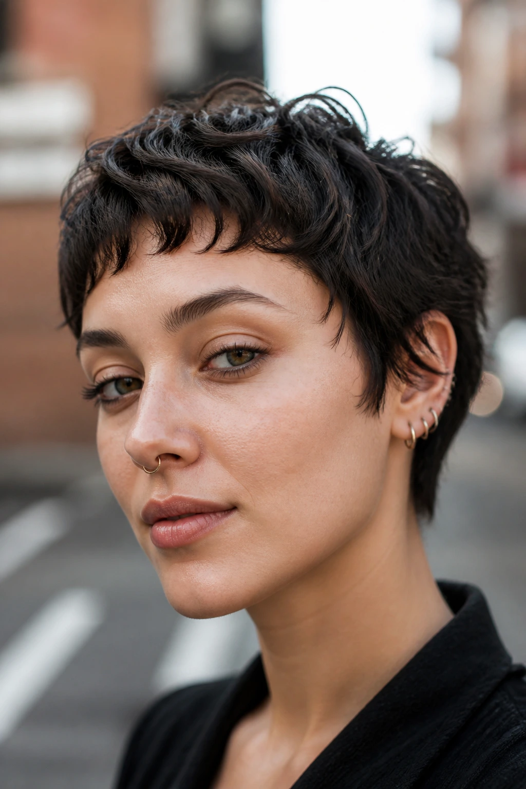 Close-up portrait of a real woman with a short choppy crop and micro wavy bangs above the brows.