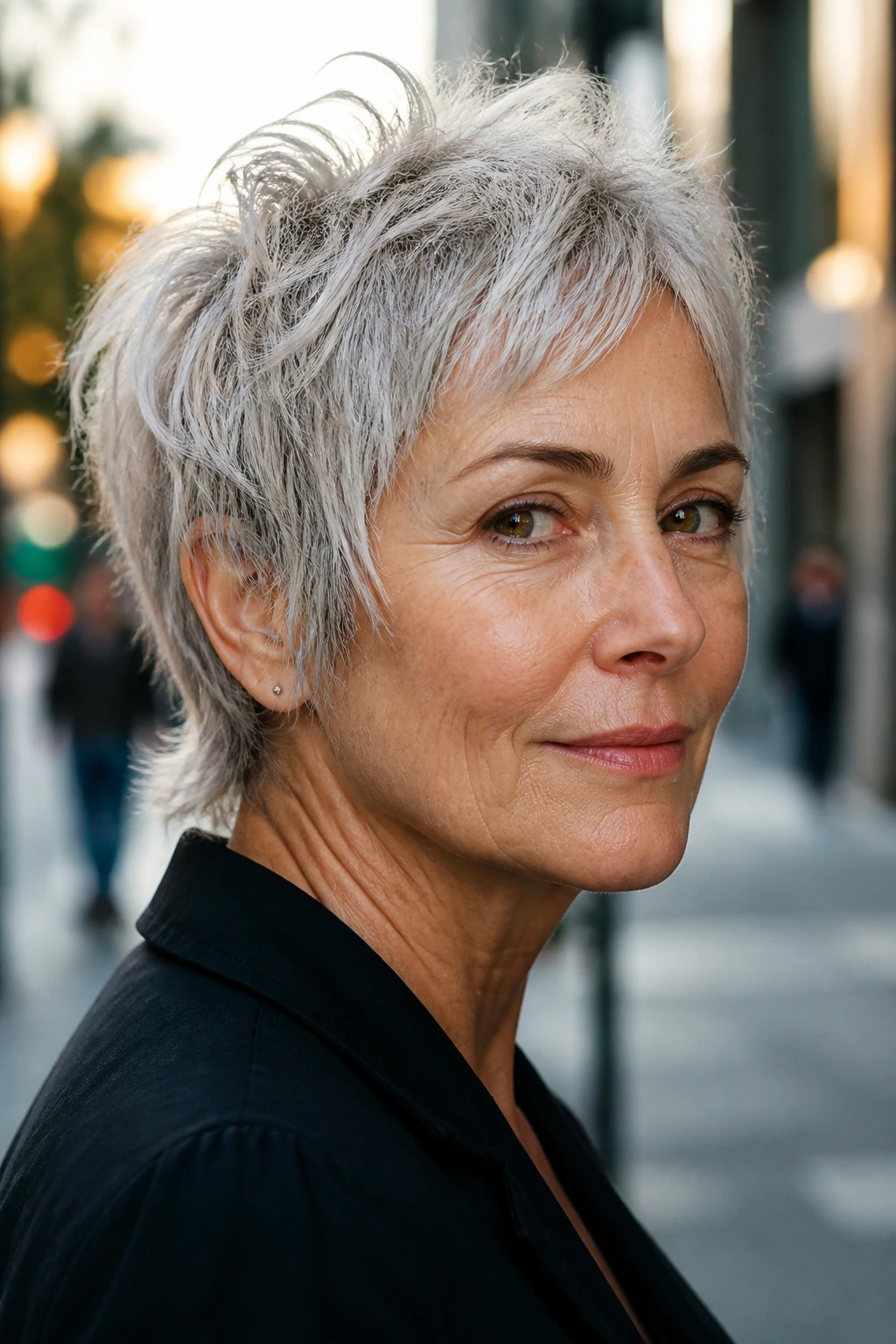 Close-up of a real woman with a micro-wolf pixie hairstyle