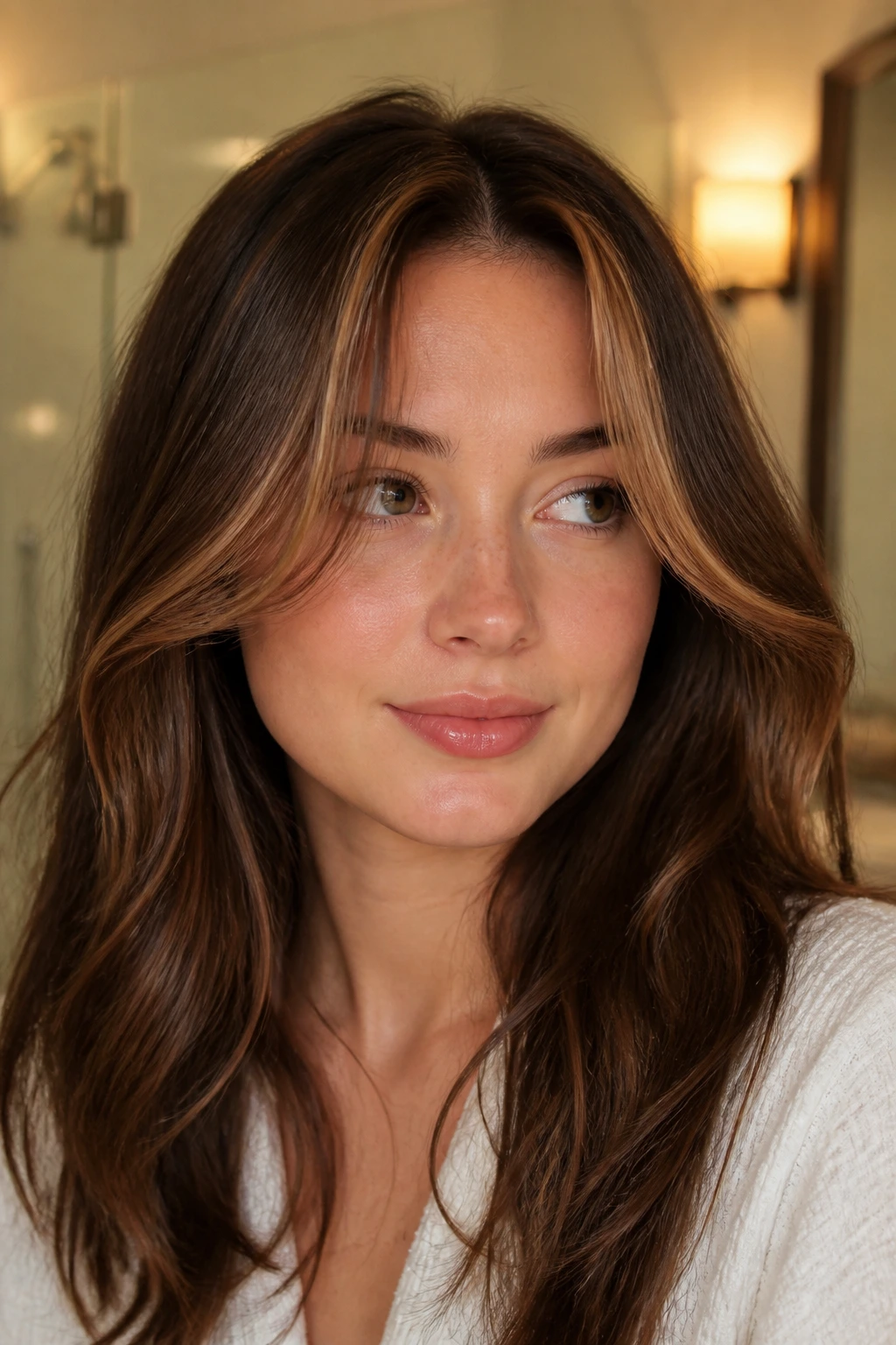 Close-up of a real woman with micro-babylights at the hairline for extra dimension.