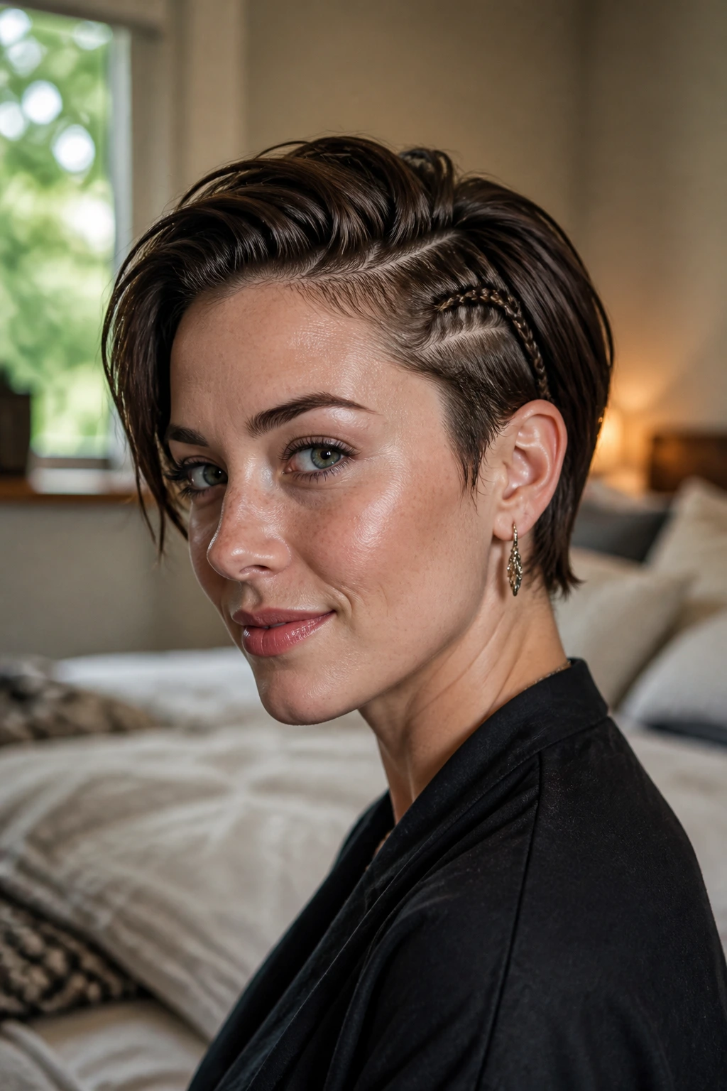 Close-up of a real person with a micro braid at the temple on short hair, natural light