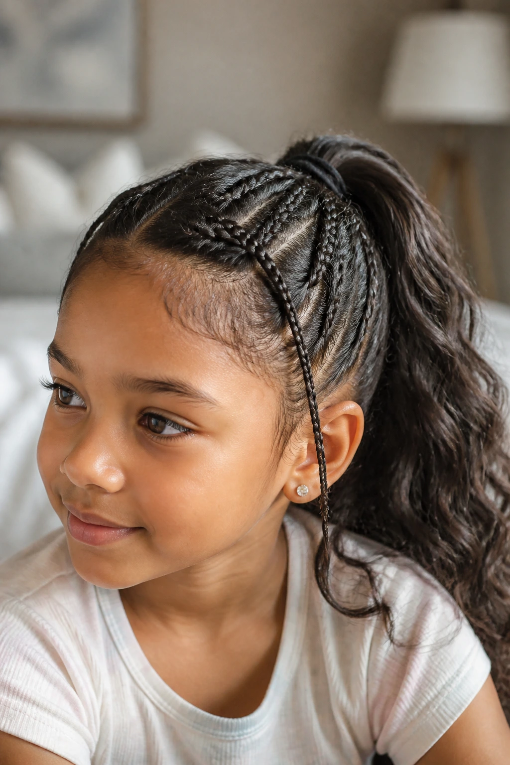 Close-up of a real child with tiny microbraids at the temples leading into a ponytail