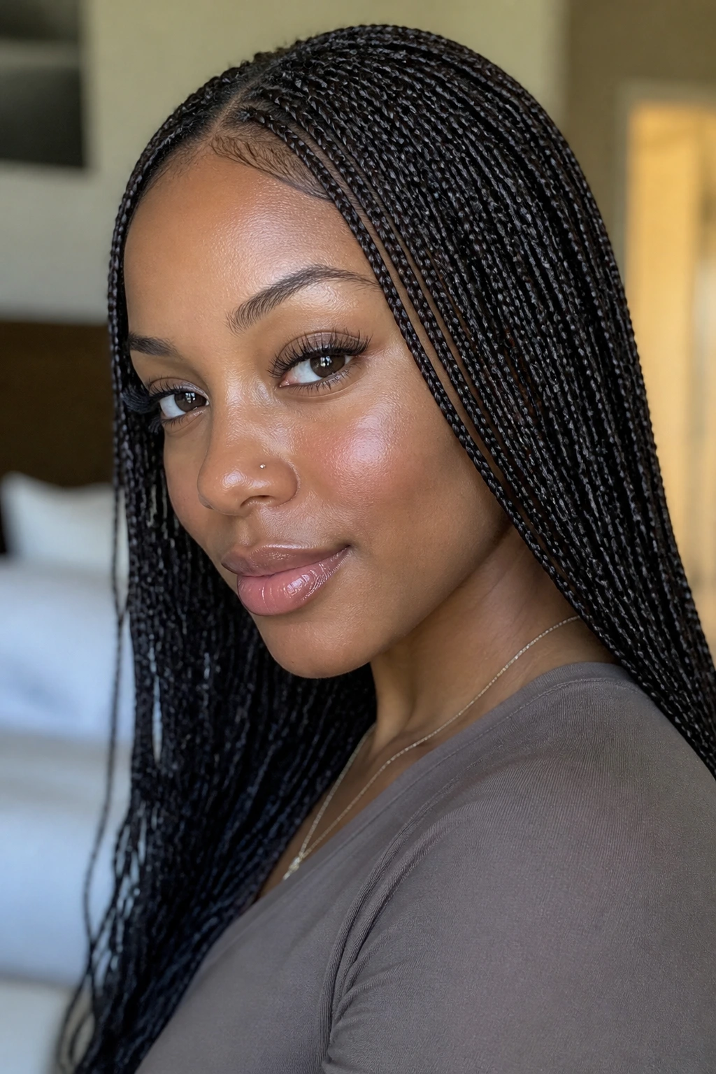 Close-up portrait of a real woman with micro braids and a soft finish in natural light