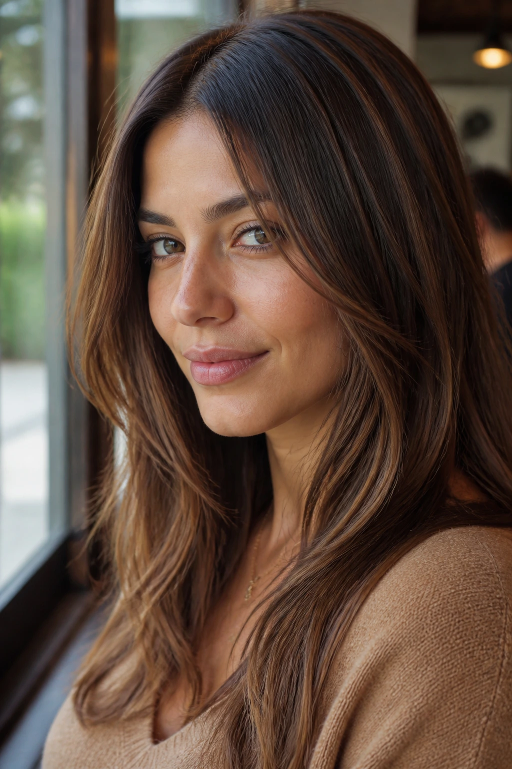 Close-up of a real woman with tawny brunette microlights in a cafe setting.