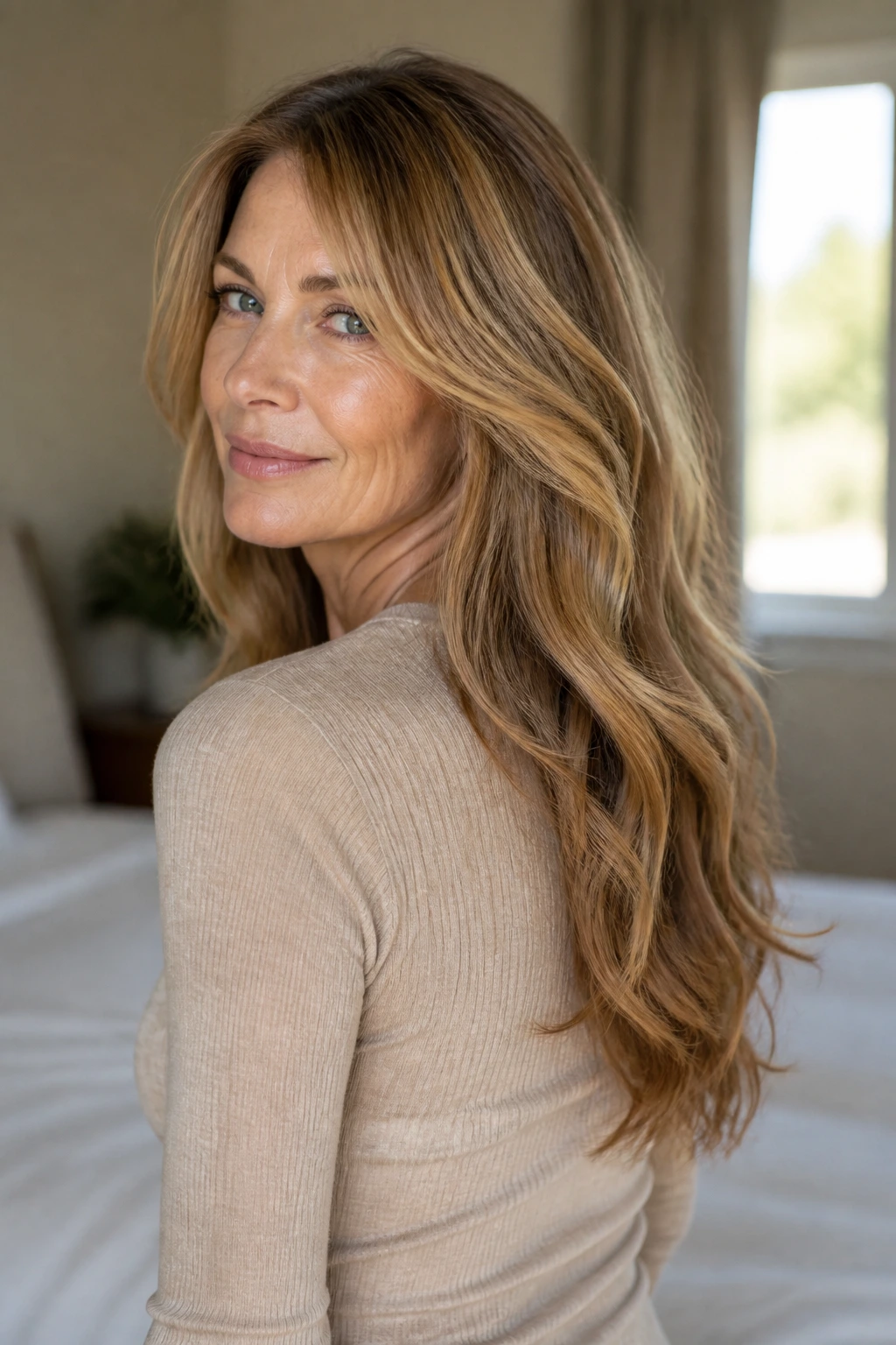 Portrait of a real woman with mid-back length hair showing subtle S-curve in the layers
