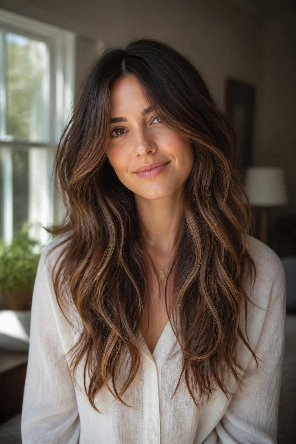 Head-and-shoulders portrait of a real woman with mid-back length layered hair and face-framing panels.